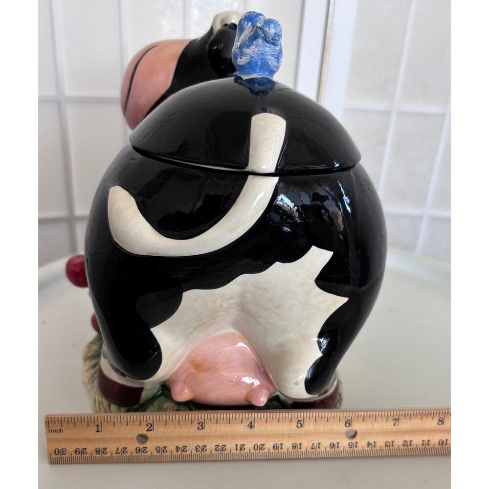 Cow Cookie Jar Farmhouse Country Kitchen Decor Ceramic Black White Apples - Picture 11 of 11